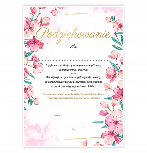 Dyplom podziękowania z motywem kwiatowym do wręczenia w przedszkolu, format A4
