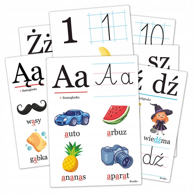 Zestaw 50 plansz edukacyjnych A5 z alfabetem cyframi i dwuznakami dla dzieci