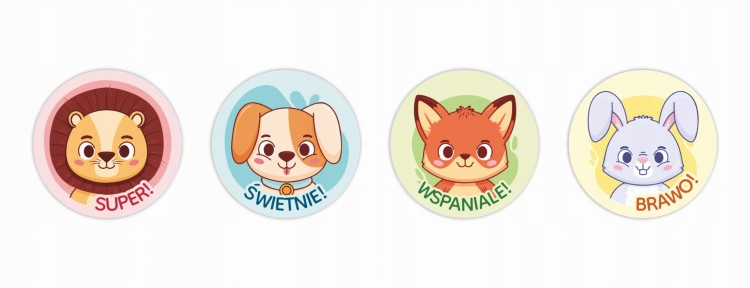 Okrągłe naklejki ze zwierzątkami dla uczniów 4cm upominek