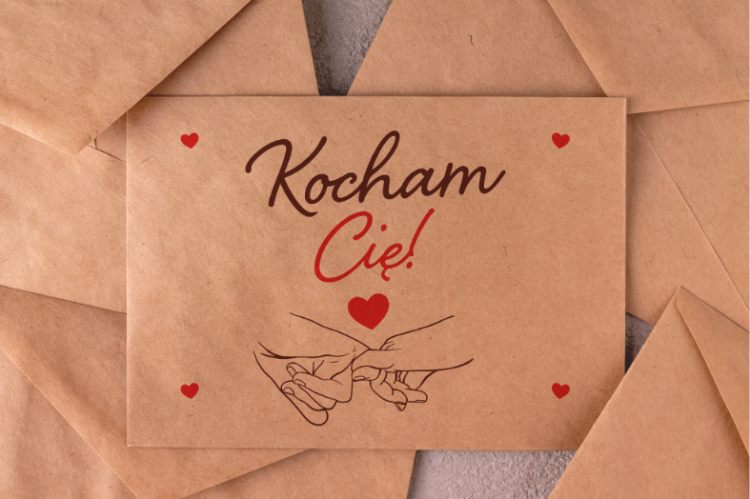 Koperta kraft z napisem Kocham Cię otwarta - widok wnętrza