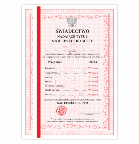 Świadectwo upominek dyplom najlepsza kobieta na dzień kobiet