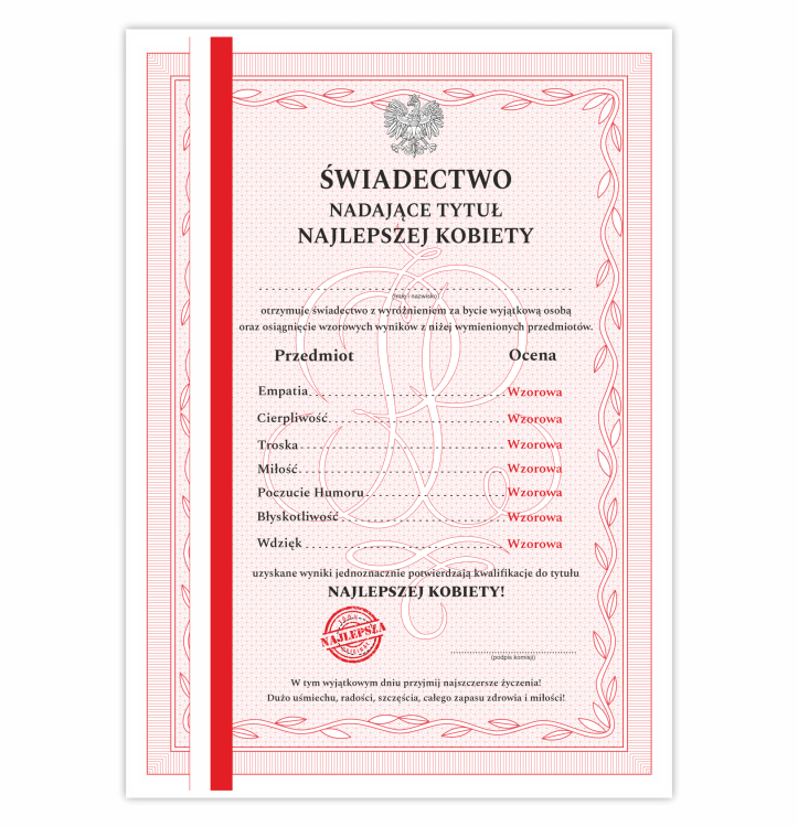Świadectwo upominek dyplom najlepsza kobieta na dzień kobiet