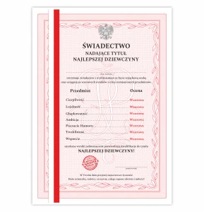 Świadectwo z paskiem tytuł NAJLEPSZEJ DZIEWCZYNY - Dyplom A4