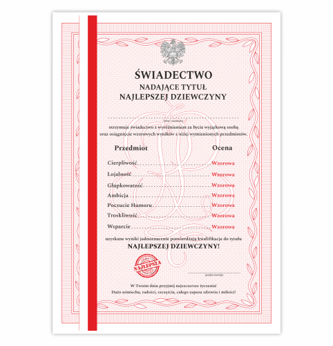 Świadectwo dyplom najlepsza dziewczyna prezent na dzień kobiet.png