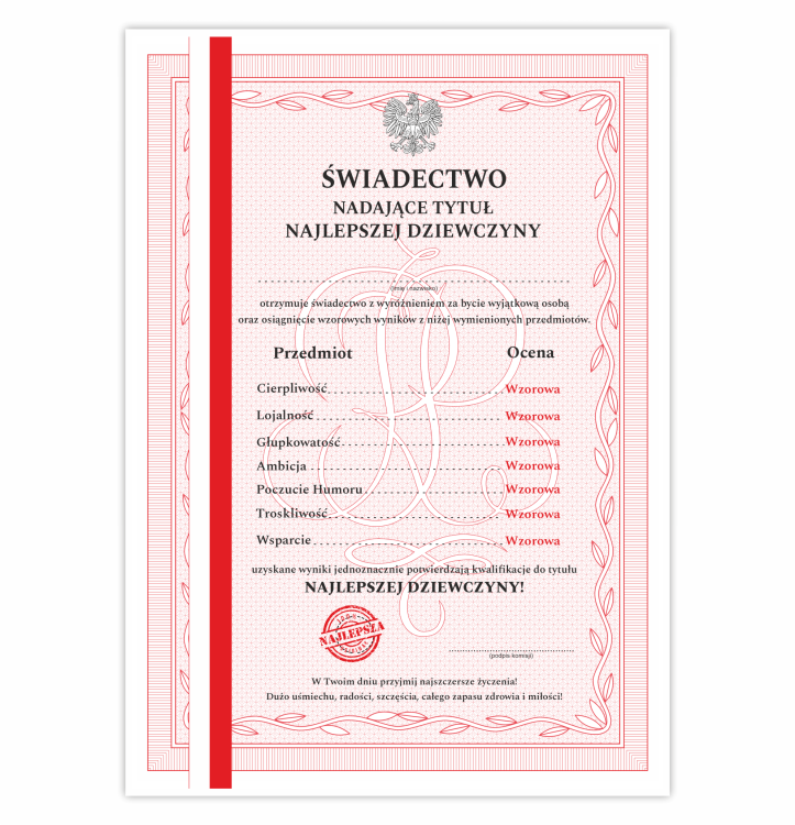 Świadectwo dyplom najlepsza dziewczyna prezent na dzień kobiet.png