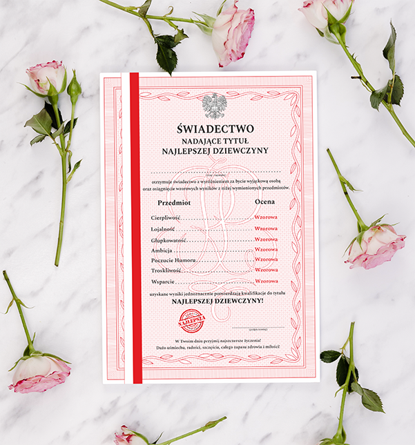 Świadectwo dzień Kobiet dyplom najlepsza dziewczyna prezent na dzień kobiet.png