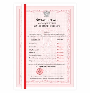 Świadectwo z paskiem tytuł WYJĄTKOWEJ KOBIETY - Dyplom A4
