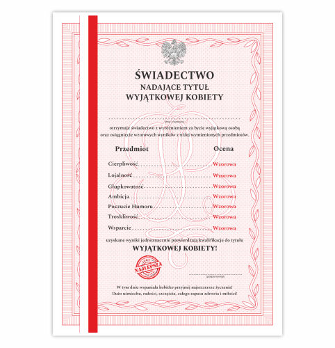 Świadectwo dyplom wyjątkowej kobiety świadectwo z paskiem na dzień kobiet