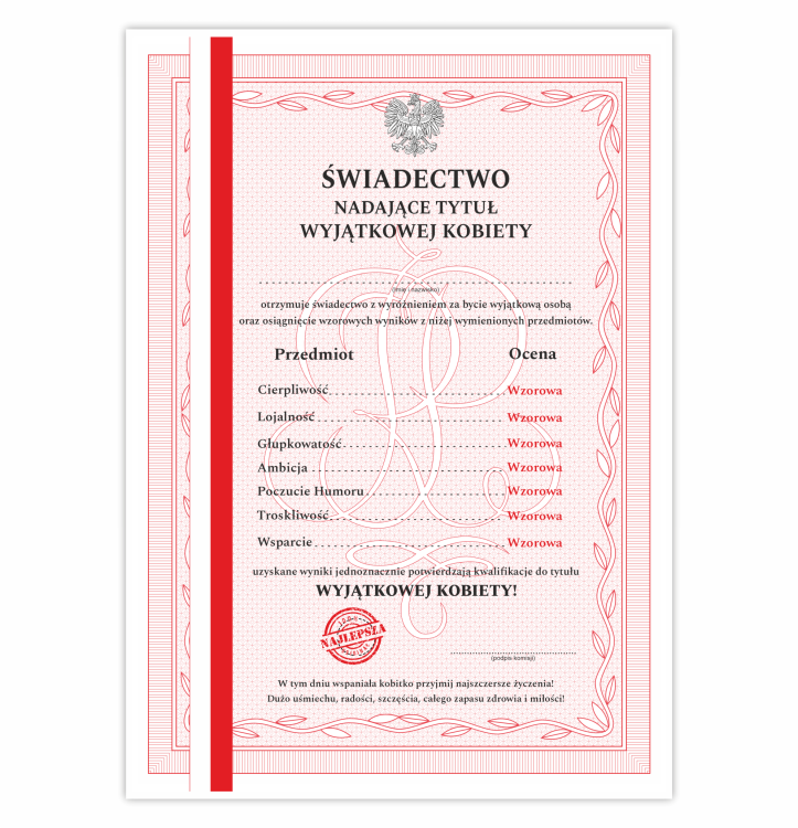 Świadectwo dyplom wyjątkowej kobiety świadectwo z paskiem na dzień kobiet