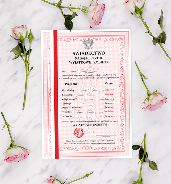 Świadectwo dzień Kobiet dyplom wyjątkowej kobiety świadectwo z paskiem na dzień kobiet