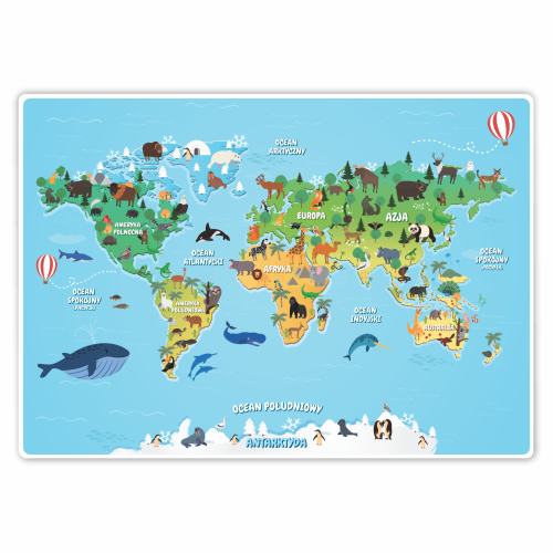 Plakat mapa świata dla dzieci - kontynenty, oceany i zwierzęta - atlas zwierząt.png