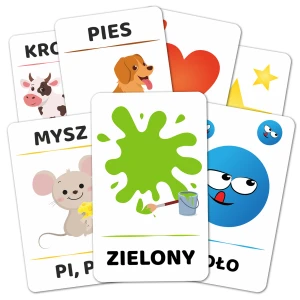 Zestaw - Karty Edukacyjne Onomatopeje + Kolory, Figury i Kształty - 75 kart 