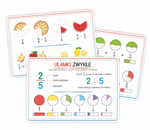 Plansze edukacyjne - Ułamki zwykłe - Podstawy ułamków dla dzieci (A4, 3 karty) 