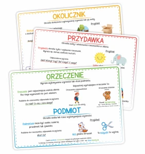 Plansze edukacyjne - Części zdania - podstawy dla dzieci  (A4, 3 karty) 