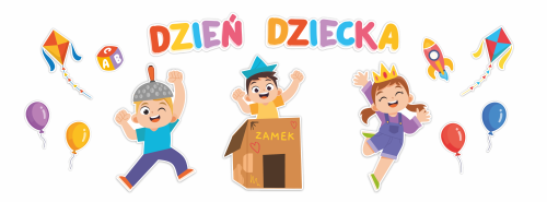 Duża Dekoracja dzień dziecka dzieci z zamkiem napis dzień dziecka na gazetkę szkolną zestaw ozdób.png