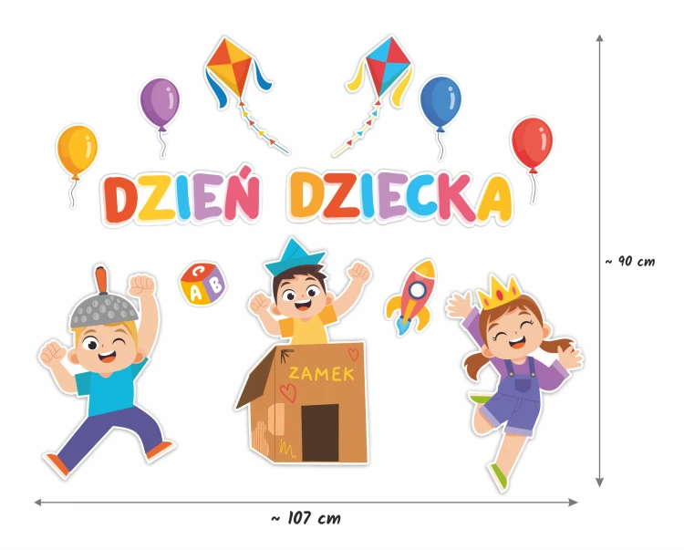 Dekoracja dzień dziecka dzieci z zamkiem napis dzień dziecka na gazetkę szkolną duży zestaw ozdób.png