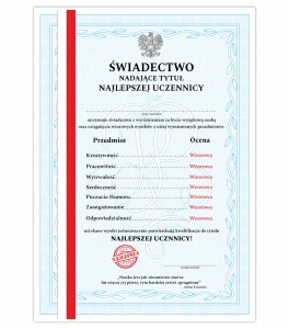 Świadectwo z paskiem tytuł NAJLEPSZEJ UCZENNICY - Dyplom A4 MAT