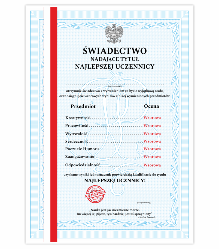 Świadectwo Najlepszej Uczennicy - Zakończenie roku szkolnego wyróżnienie dla ucznia.png