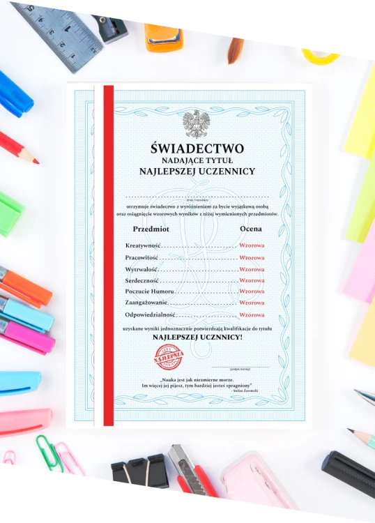 Świadectwo Najlepszej Uczennicy - Zakończenie roku szkolnego wyróżnienie dla dziewczynki.png