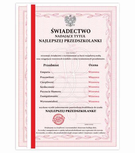 Świadectwo Najlepszej Przedszkolanki - Zakończenie roku w przedszkolu wyróżnienie.png