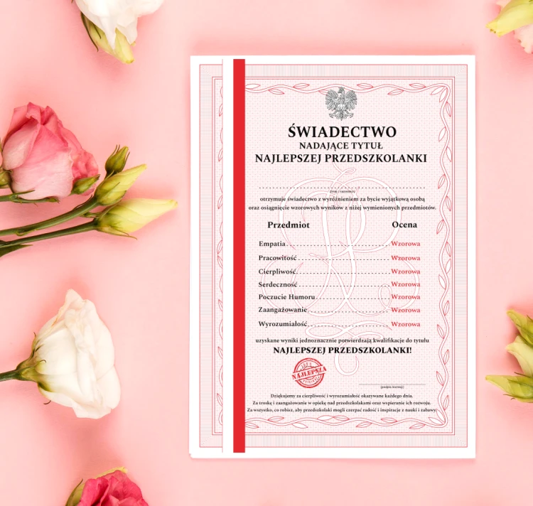 Upominek dla Przedszkolanki Świadectwo Najlepszej Przedszkolanki Zakończenie roku w przedszkolu wyróżnienie.png
