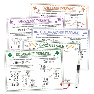 Plansze edukacyjne - Działania Pisemne - Liczenie Pisemne dla dzieci (A4, 4 karty +marker)