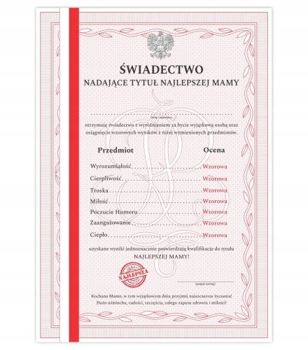 Dyplom dla mamy świadectwo z paskiem Najlepsza Mama na Świecie A4