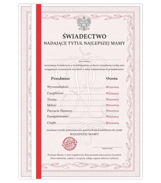 Dyplom dla mamy świadectwo z paskiem Najlepsza Mama na Świecie A4