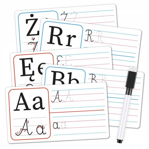 Zestaw 32 kart do nauki pisania literek z markerem suchościeralnym