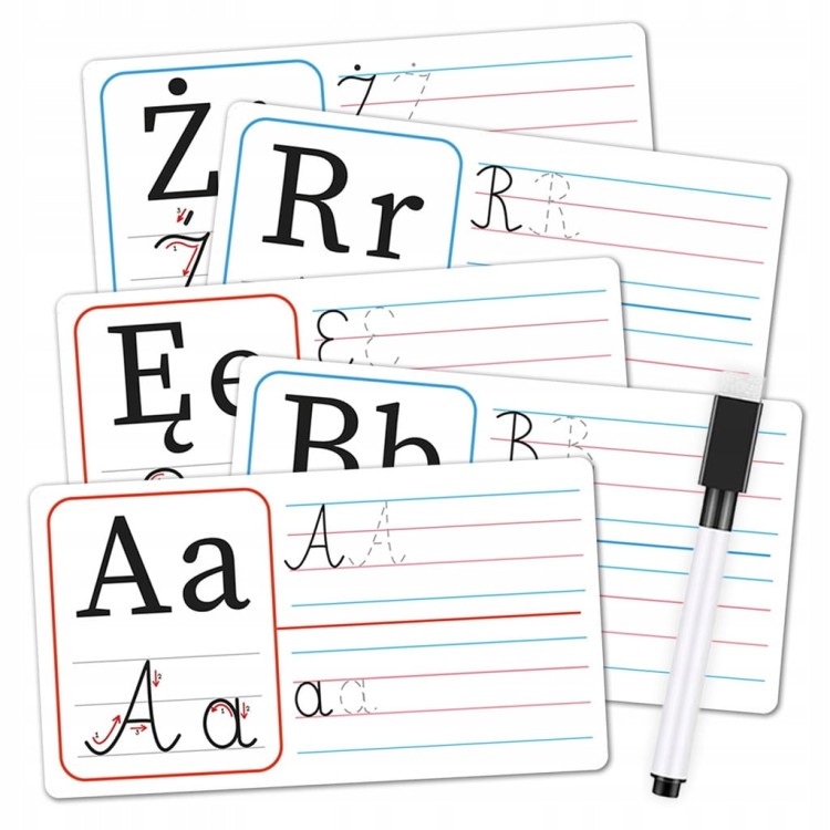 Zestaw 32 kart do nauki pisania literek z markerem suchościeralnym