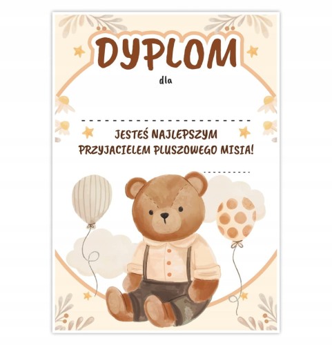 Dyplom na Dzień Pluszowego Misia A4 z kolorową grafiką misia