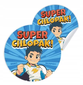 Prezent Dzień Chłopaka - SUPER CHŁOPAK - Naklejki 6 cm - upominek odznaka
