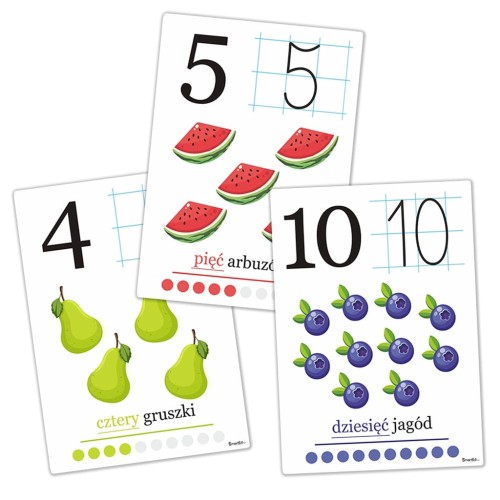 Kolorowa plansza z cyferką i owocami do liczenia