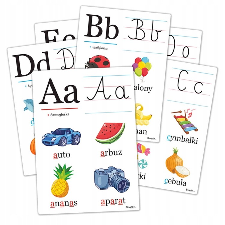 Plansze do nauki liter A4 - zestaw 23 kart z alfabetem dla dzieci