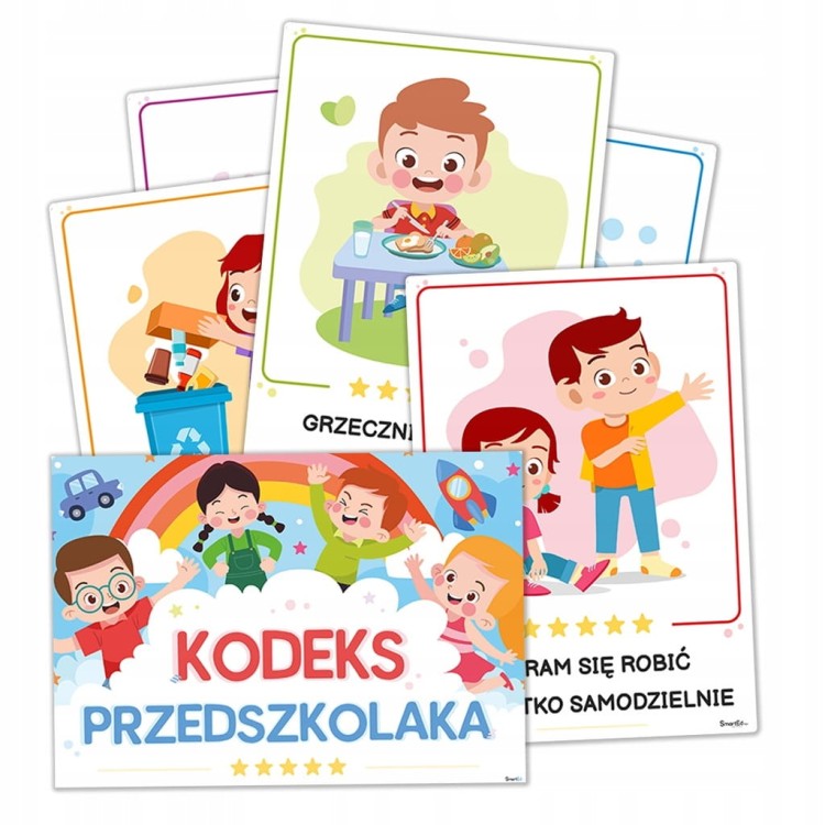 Plansze Kodeks Przedszkolaka wizualne zasady zachowania w przedszkolu zestaw 17 kart A5