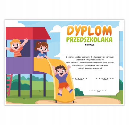 Dyplom przedszkolaka Plac Zabaw A4 - kolorowy dyplom na zakończenie roku w przedszkolu