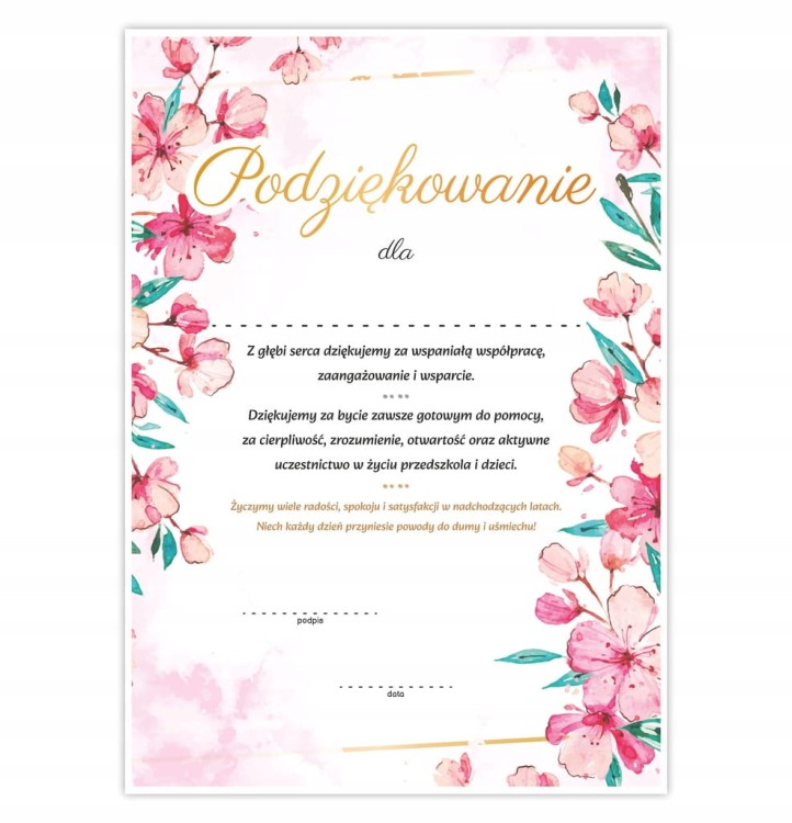 Dyplom podziękowania z motywem kwiatów na zakończenie przedszkola A4
