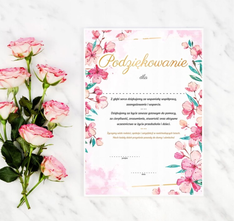 Dyplom podziękowania kwiaty - tył pusty na życzenia i pieczątki