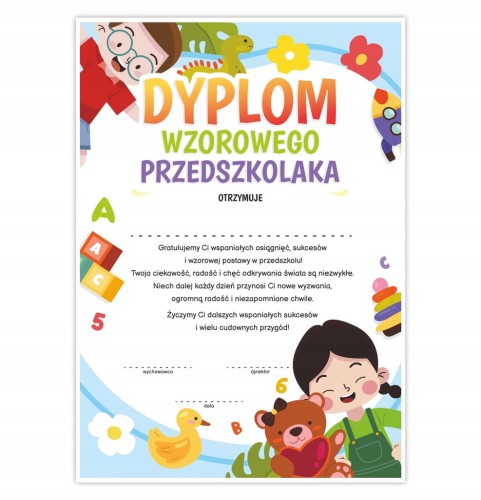 Dyplom wzorowego przedszkolaka A4 - kolorowy dyplom z dziećmi i zabawkami na zakończenie roku