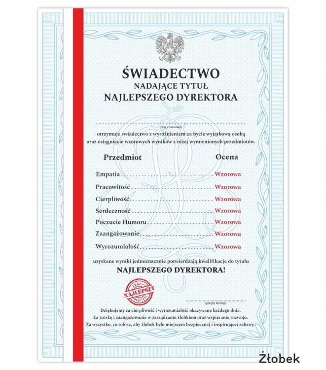 Świadectwo dla Dyrektora Żłobka A4 - dyplom z paskiem, prezent na koniec roku