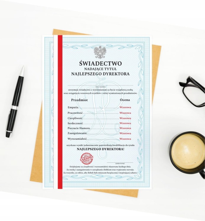 Świadectwo dla Dyrektora Żłobka A4 - tył pusty, miejsce na dedykację