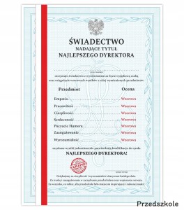 Świadectwo prezent dla Dyrektora Przedszkola - NAJLEPSZY DYREKTOR - A4 MAT
