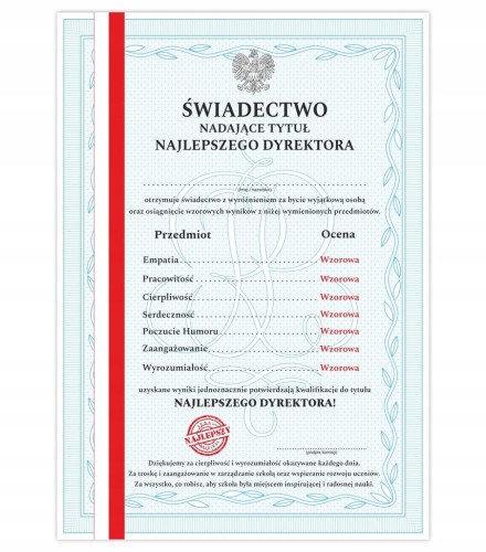 Świadectwo dla Dyrektora Szkoły A4 - dyplom z paskiem, prezent na Dzień Nauczyciela