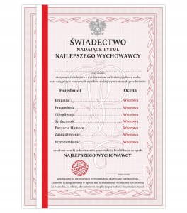 Świadectwo Wychowawcy- NAJLEPSZEGO WYCHOWAWCY - Dyplom A4 Dzień Nauczyciela