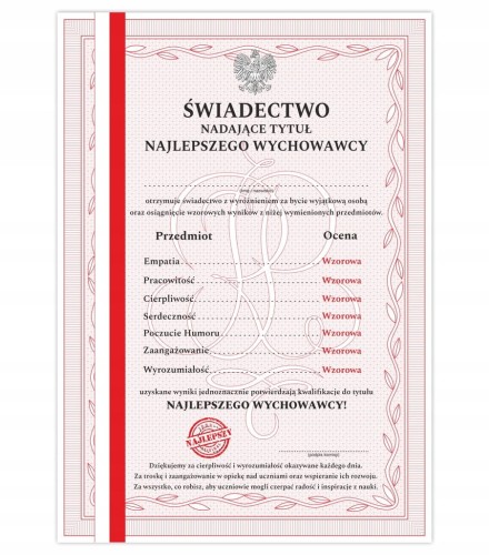 Świadectwo dla Wychowawcy A4 - najlepszy wychowawca, prezent na Dzień Nauczyciela