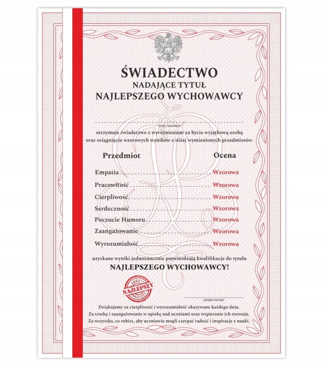 Świadectwo dla Wychowawcy A4 - najlepszy wychowawca, prezent na Dzień Nauczyciela
