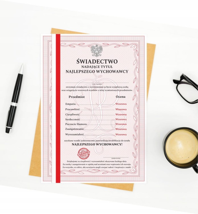 Świadectwo dla Wychowawcy A4 - tył pusty, miejsce na dedykację od klasy