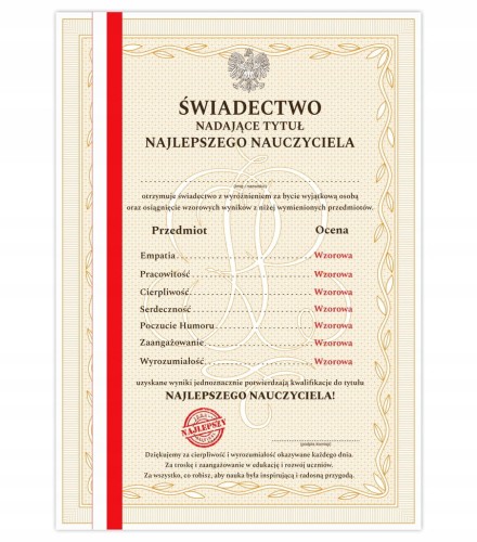 Świadectwo dla nauczyciela - dyplom dla najlepszego nauczyciela A4