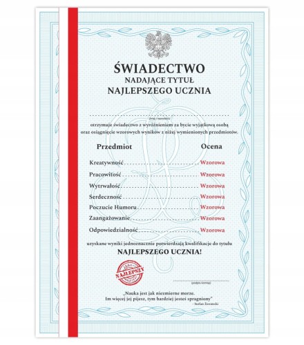 Świadectwo Najlepszego Ucznia A4 - dyplom z paskiem, prezent dla absolwenta