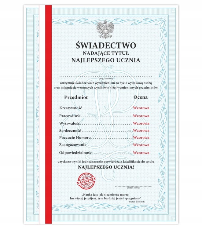 Świadectwo Najlepszego Ucznia A4 - dyplom z paskiem, prezent dla absolwenta